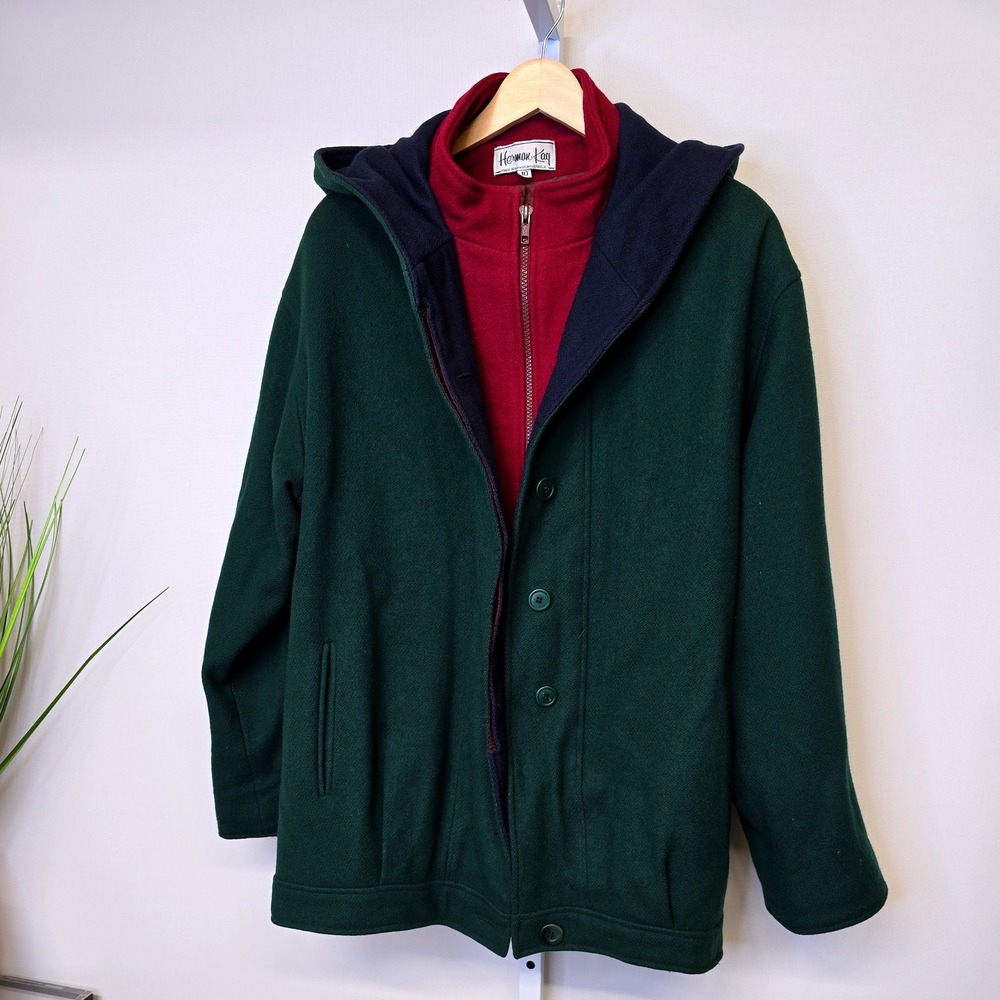Herman‎ Kay Vintage Women Green Wool Blend Hooded Coat Jacket Size 10 Burgundy
